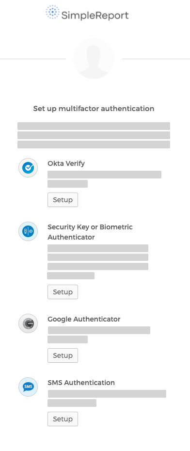 An Okta page showing the four different multifactor authentication options: Okta Verify, Security Key or Biometric Authenticator, Google Authenticator, and SMS Authentication
