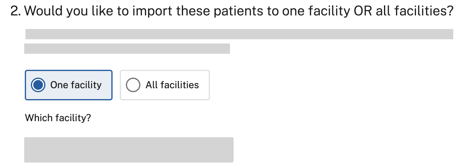 SimpleReport's patient bulk upload page radio button options to choose one facility or all facilities