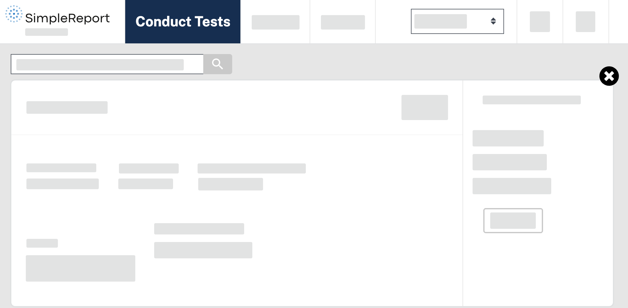 The SimpleReport site with the "Conduct Tests" tab chosen in the top navigation