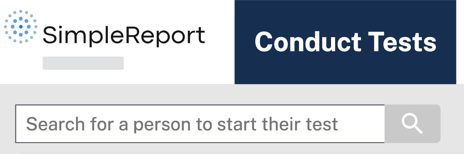 The "Search for a person to start their test" field at the top of SimpleReport