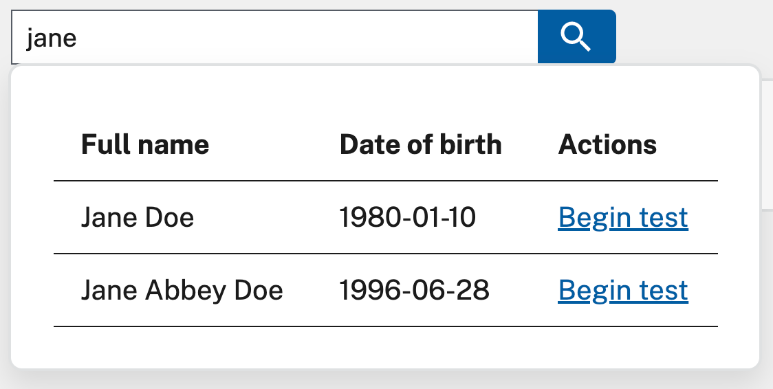 Search results showing two people with similar names but different birth dates.