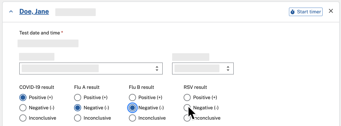 The three results options (“Positive”, “Negative”, or “Inconclusive”) for COVID-19, flu A, flu B, and RSV, shown on the person's card in SimpleReport