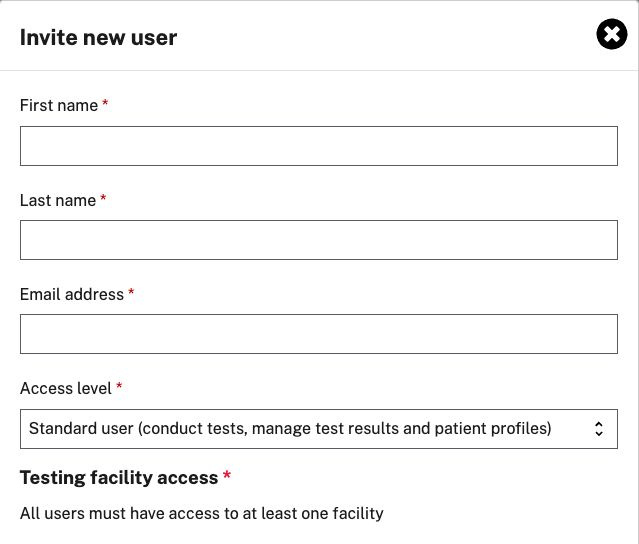 Fields for the user's first name, last name, and email address, along with the blue "Send invite" button
