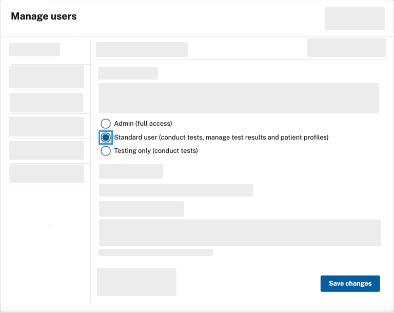 The three levels of access described above ("Admin", "Standard", and "Entry only") as access options for a particular user