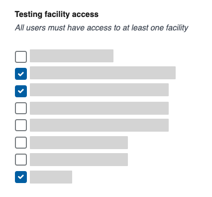 SimpleReport's list of testing facilities, with a few facilities selected with a check box